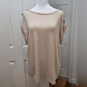 Kaileigh Mercy Button-Shoulder Detail, Knit Tee, Beige, Size Medium, NWOT
